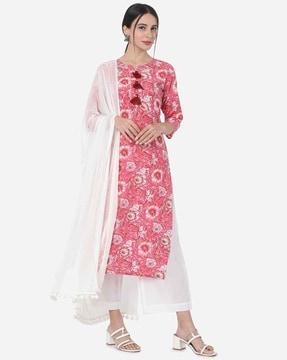 women floral print straight kurta with pants & dupatta