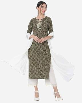 women floral print straight kurta with pants & dupatta