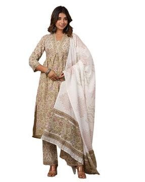 women floral print straight kurta with pants & dupatta