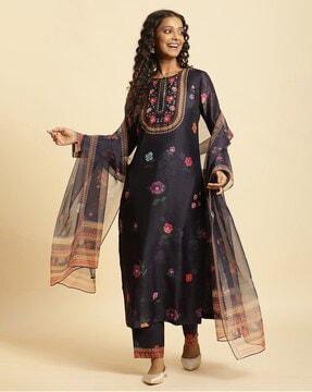 women floral print straight kurta with pants & dupatta