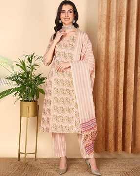 women floral print straight kurta with pants & dupatta