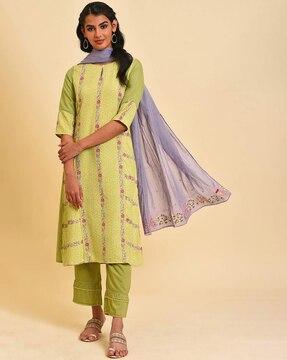 women floral print straight kurta with pants & dupatta