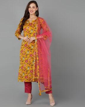 women floral print straight kurta with pants & dupatta