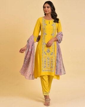 women floral print straight kurta with pants & dupatta