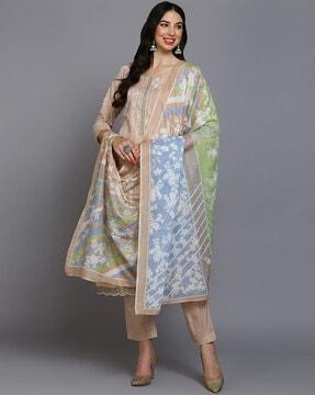 women floral print straight kurta with pants & dupatta