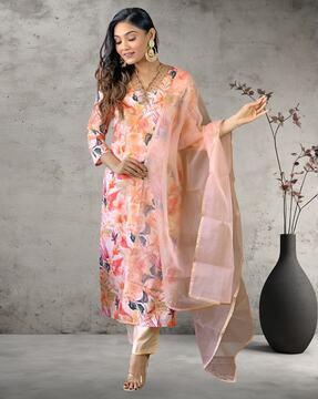 women floral print straight kurta with pants & dupatta