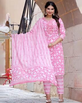 women floral print straight kurta with pants & dupatta