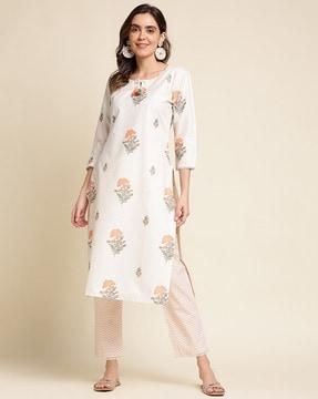 women floral print straight kurta with pants