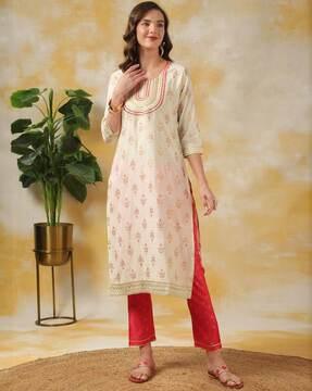 women floral print straight kurta with pants