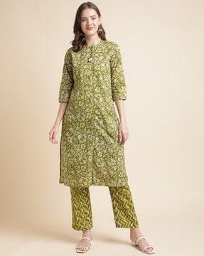 women floral print straight kurta with pants