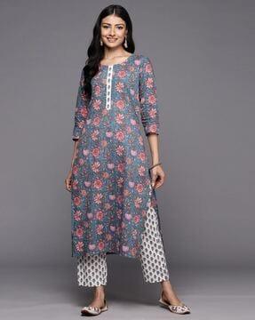 women floral print straight kurta with pants