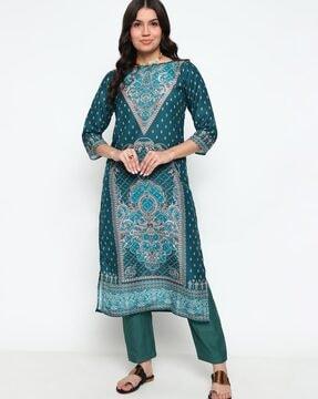 women floral print straight kurta with pants