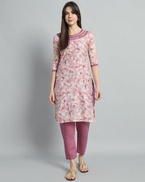 women floral print straight kurta with pants