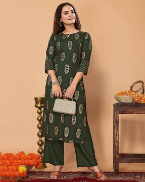 women floral print straight kurta with pants