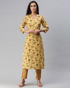 women floral print straight kurta with pants