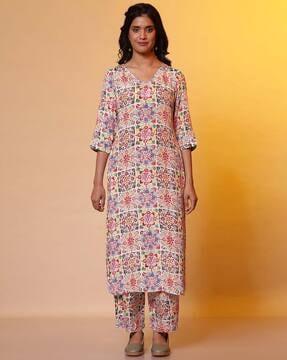 women floral print straight kurta with pants