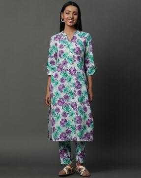 women floral print straight kurta with pants