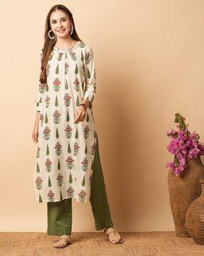 women floral print straight kurta with pants