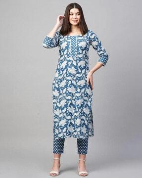 women floral print straight kurta with pants