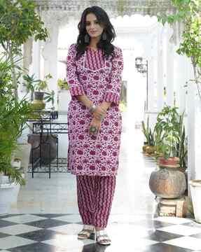 women floral print straight kurta with pants