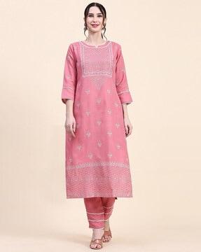 women floral print straight kurta with pants