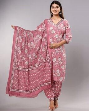 women floral print straight kurta with patiala & dupatta