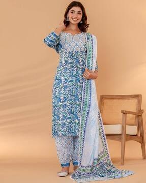 women floral print straight kurta with patiala & dupatta