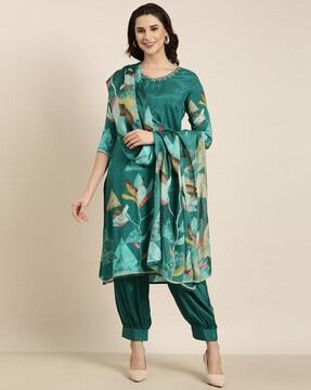 women floral print straight kurta with patiala & dupatta