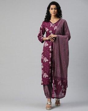 women floral print straight kurta with patiala & dupatta