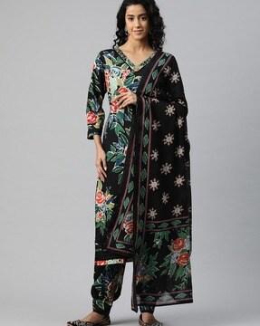 women floral print straight kurta with patiala pants & dupatta