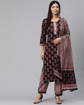 women floral print straight kurta with patiala pants & dupatta