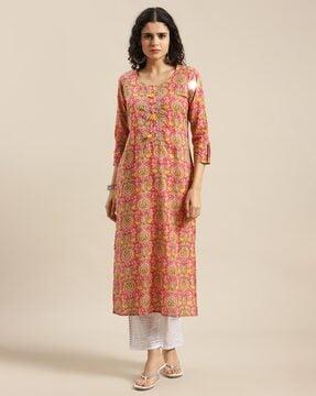 women floral print straight kurta with round neck