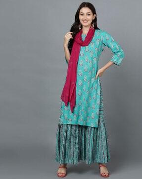 women floral print straight kurta with sharara & dupatta