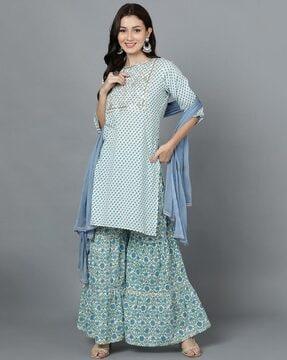 women floral print straight kurta with sharara & dupatta