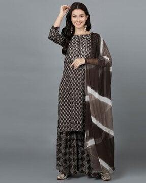 women floral print straight kurta with sharara & dupatta