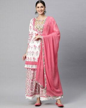 women floral print straight kurta with sharara & dupatta