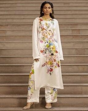 women floral print straight kurta with trousers
