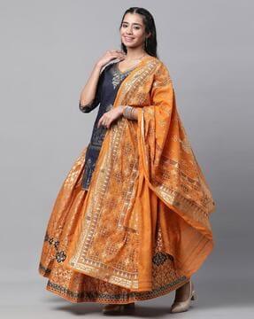 women floral print straight kurti with skirt & dupatta