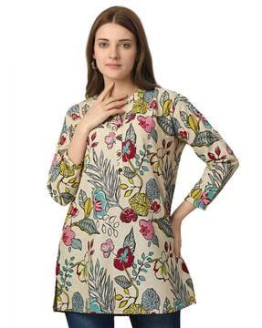 women floral print straight tunic with button accent