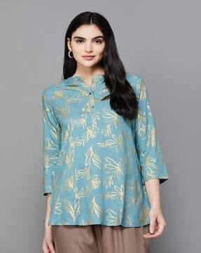 women floral print straight tunic with mandarin collar