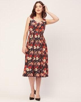 women floral print sweetheart-neck fit & flare dress