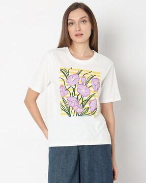 women floral print t-shirt with round neck