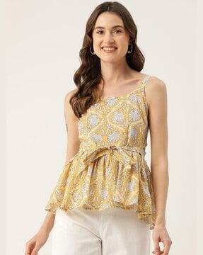 women floral print tailored fit top with waist tie-up