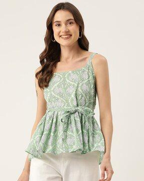 women floral print tailored fit top with waist tie-up