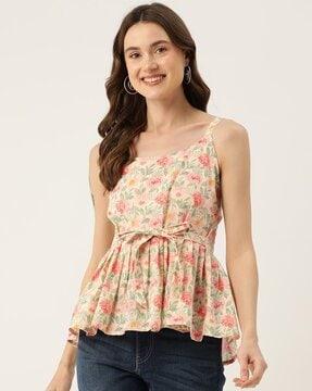 women floral print tailored fit top with waist tie-up