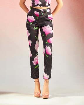 women floral print tapered fit flat-front trousers