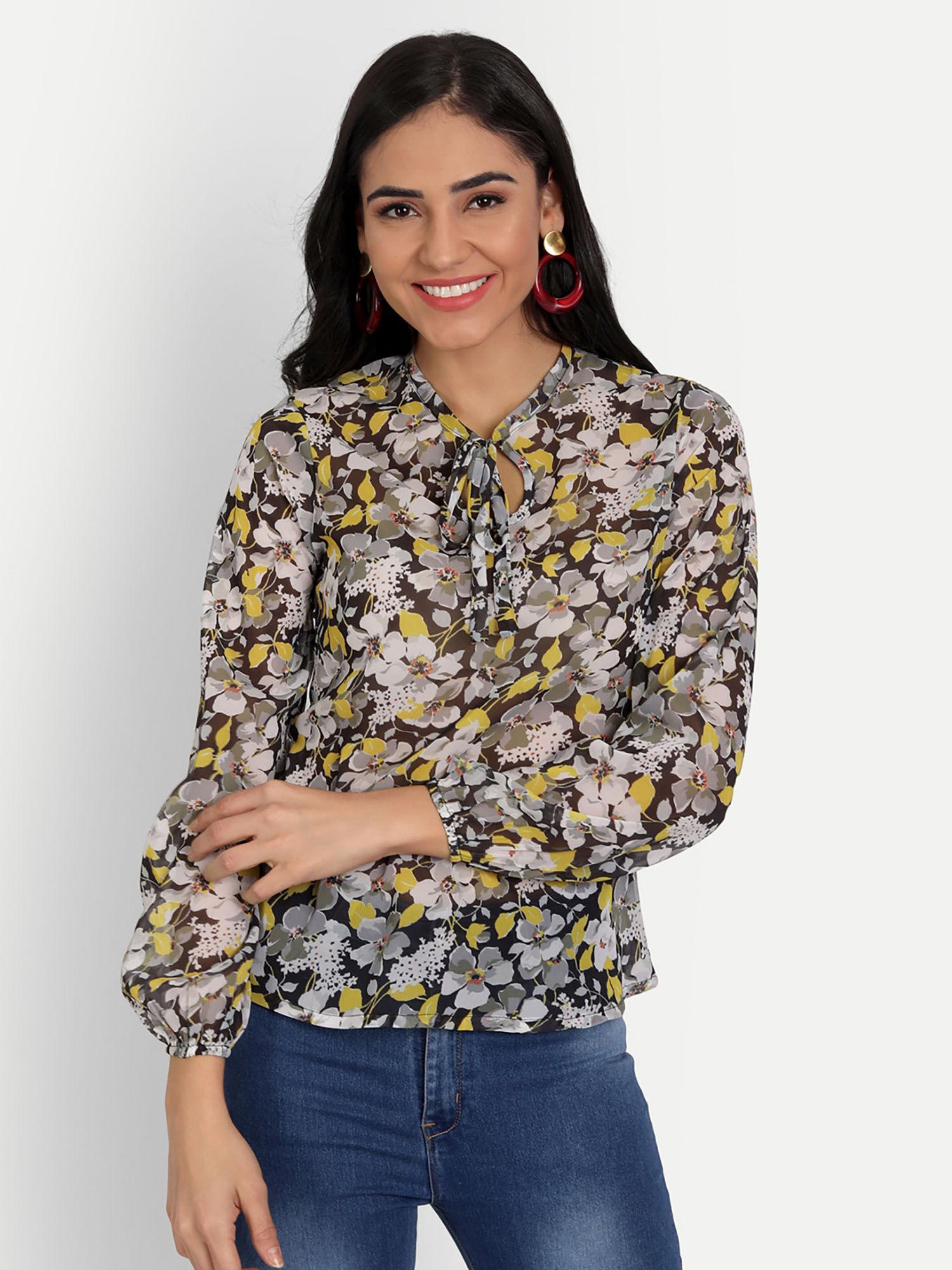 women floral print tie up neck georgette shirt style top