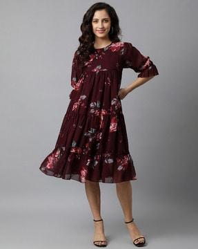 women floral print tiered dress with bracelet sleeves