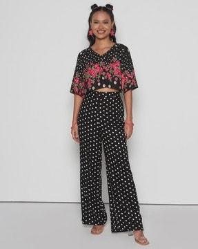 women floral print top with flared pants