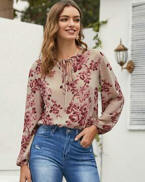 women floral print top with tie-up neck